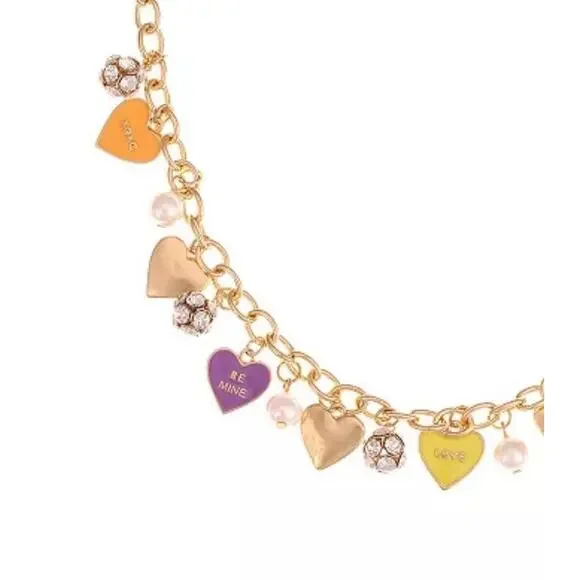 Gold Tone Heart Charm Necklace Crystal Faux Pearl Trendy Fashion Chic Style NWT - Picture 5 of 8